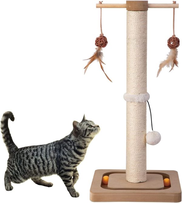 Cat Scratching Post Premium Sisal Scratch Posts with Tracking Interactive Toys Vertical Scratcher for Indoor Cats and Kittens- 25 inches Beige