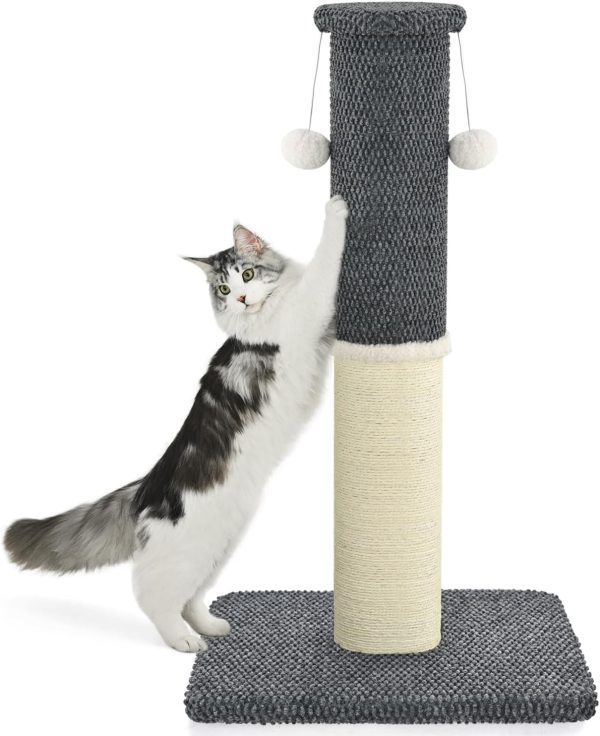 Tall Cat Scratching Post, Heavy Duty and Thicker Scratching Posts for Indoor Cats Adults, 33" Natural Sisal Cat Scratcher with Hanging Balls, Sturdy Base Cat Scratch Post, Dark Grey