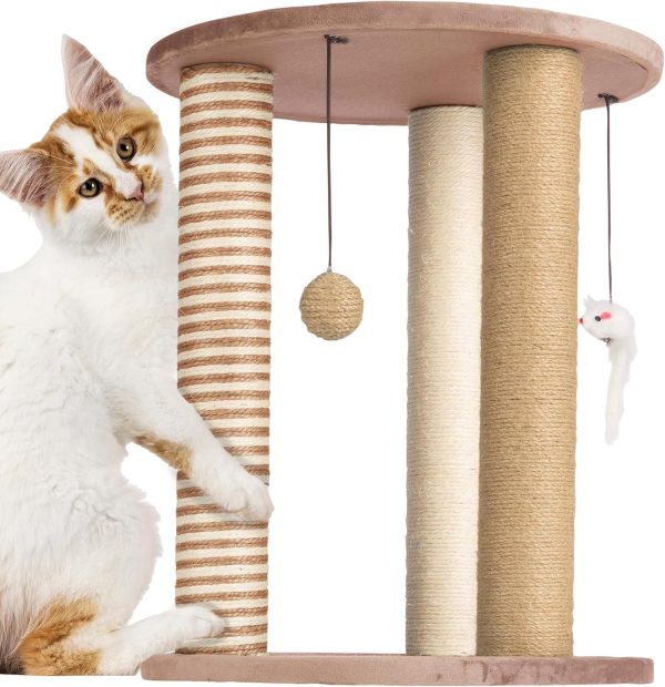 Cat Scratching Post - 3 Scratcher Posts with Carpeted Base Play Area and Perch - Furniture Scratching Deterrent for Indoor Cats by  (Brown), Large